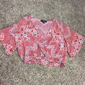LF Cropped Low Cut Boho Red Printed Short Blouse 8